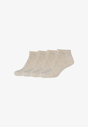 Beige ankle socks in a pack of four. Made of soft, textured fabric with a ribbed cuff and seamless toe design. Rounded toe shape.
