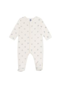 Body per neonato color beige chiaro con maniche lunghe, design con piedi e motivi a cuori argento sparsi. Presenta una chiusura con bottoni sul davanti.