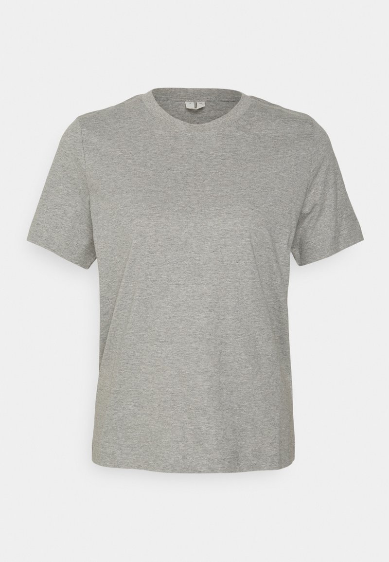 T-shirt gris clair à manches courtes avec col rond, ourlet droit et texture douce en coton, présenté sur fond blanc.