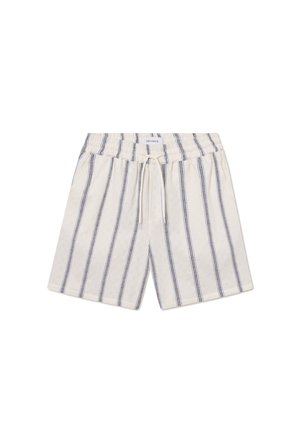 Linen shorts in cream with navy vertical stripes. Features an elastic waistband and drawstring for adjustable fit.