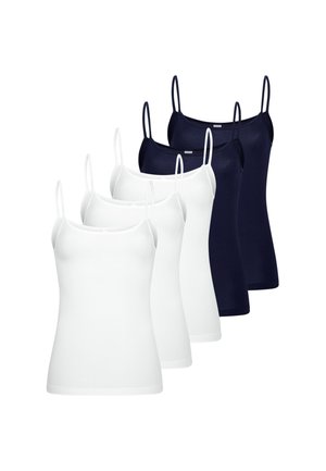 Ensemble de six caracos spaghetti pour femmes, trois blancs et trois bleu marine, présentés sur fond blanc.