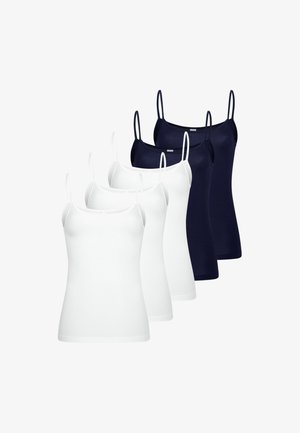 Ensemble de six caracos spaghetti pour femmes, trois blancs et trois bleu marine, présentés sur fond blanc.