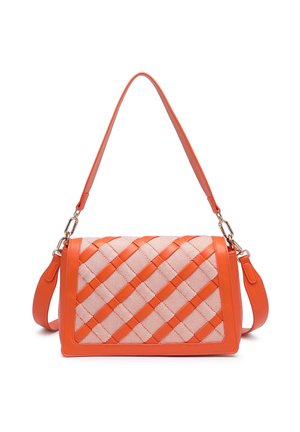 Orange leather handbag with white and orange woven pattern, rectangular shape, single top handle, and detachable shoulder strap.