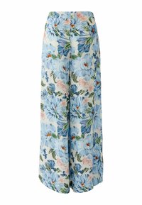 Wijde broek met hoge taille en riemlussen, met grote blauw-roze bloemenprint op een witte achtergrond.