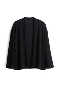 Zwarte geribbelde cardigan met een open voorkant, oversized mouwen en een textuurstof. Lichte zoom zonder zichtbare hardware of accenten.