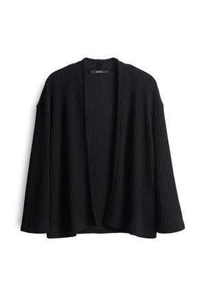 Zwarte geribbelde cardigan met een open voorkant, oversized mouwen en een textuurstof. Lichte zoom zonder zichtbare hardware of accenten.