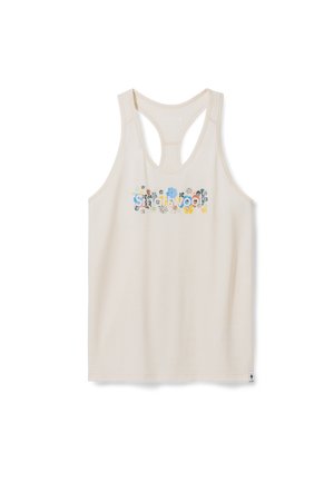 Cremfarbenes Tanktop mit Racerback-Design. Verziert mit buntem Blumenmuster rund um das Wort "Smartwool". Hergestellt aus weichem, leichtem Stoff.