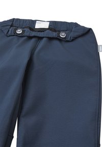 Navy blue trousers made of smooth fabric, featuring an elastic waistband, two buttons, and a small label on the side.