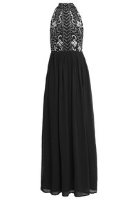 Schwarzes Neckholderkleid mit verzierten Oberteil, das florale Muster und Perlenstickerei aufweist. Fließender, bodenlanger Rock aus leichtem Stoff.