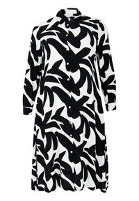Schwarz-weißes Hemdblusenkleid mit langen Ärmeln, das ein abstraktes Blättermuster und ein Kragen-Design aufweist. Glatte Stofftextur.