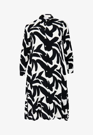 Zwart-witte overhemdjurk met lange mouwen, met een abstract bladpatroon en een kraagdesign. Soepele stofstructuur.