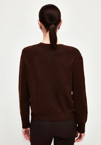 Pull en tricot marron avec un col rond et des manches longues, présentant une texture douce et une coupe décontractée. Vue arrière avec des fentes latérales au niveau de l'ourlet.