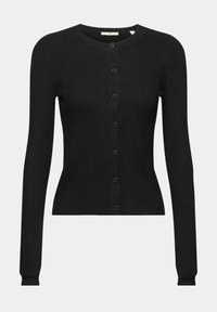 Zwarte cardigan gemaakt van gestructureerde gebreide stof, met een ronde hals, lange mouwen en een sluiting met zes knopen aan de voorkant.