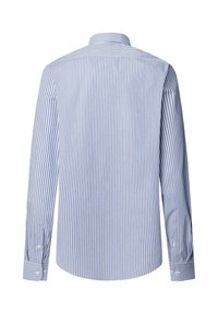 Langarmshirt in lichtblauw met witte verticale strepen. Heeft een klassieke kraag en knopfournituren, gemaakt van een gladde stof.