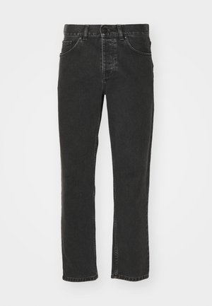 Sorte denim jeans med lige ben, klassisk fem-lomme design, knaplukning i taljen og en falmet overflade. Glat tekstur, ingen synlige mønstre.