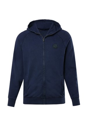 Marineblauwe zip-up hoodie van zacht materiaal, voorzien van een capuchon, zakken, ribgebreide manchetten en een logo-op-patch op de linkerkant van de borst.