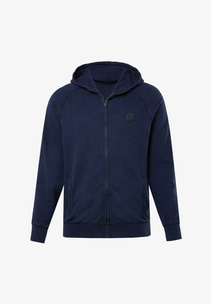 Granatowy rozpinany hoodie wykonany z miękkiego materiału, z kapturem, kieszeniami, ściągaczami na mankietach oraz logo naszywanego na lewej piersi.