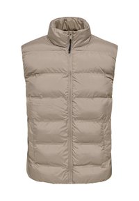 Gilet imbottito beige senza maniche con colletto alto e chiusura frontale con zip, progettato per l'insulazione e l'abbigliamento casual.