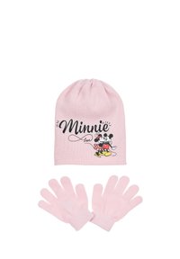 Berretto lavorato a maglia rosa con il testo "Minnie" e un'immagine di Minnie Mouse, accompagnato da guanti rosa abbinati con una texture morbida e design a cinque dita.