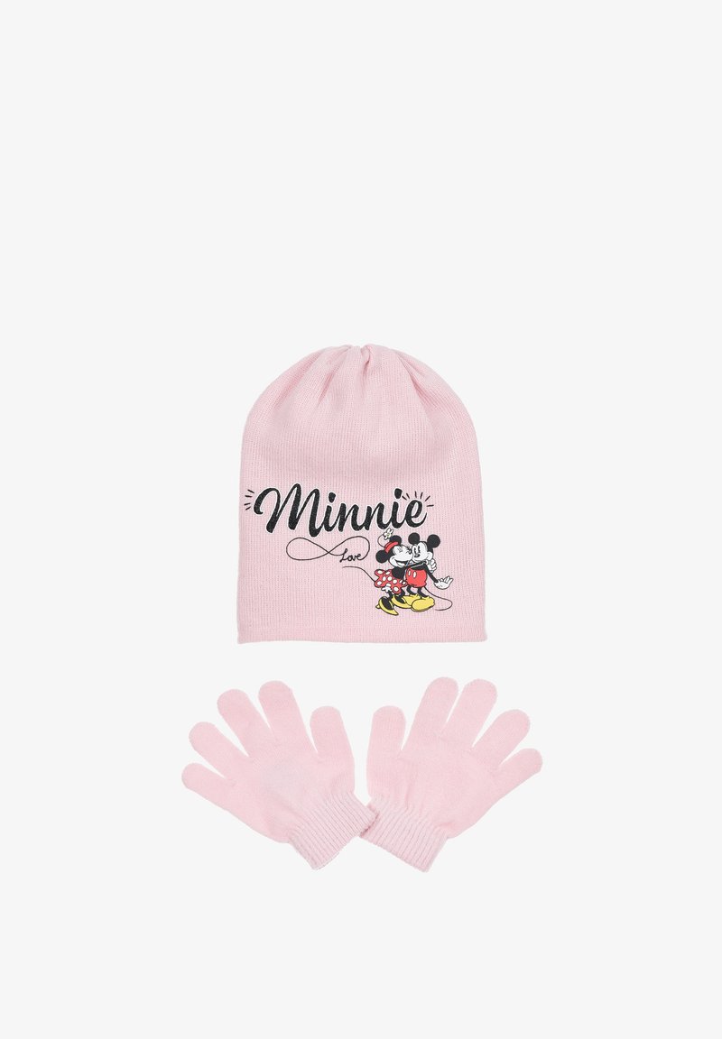 Berretto lavorato a maglia rosa con il testo "Minnie" e un'immagine di Minnie Mouse, accompagnato da guanti rosa abbinati con una texture morbida e design a cinque dita.