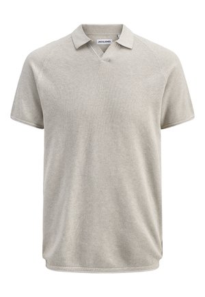 Rövid ujjú, bézs színű, texturált anyagú galléros póló enyhe V-nyakkivágással, Jack & Jones felirattal.