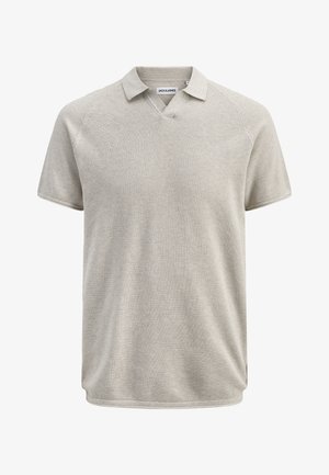 Rövid ujjú, bézs színű, texturált anyagú galléros póló enyhe V-nyakkivágással, Jack & Jones felirattal.