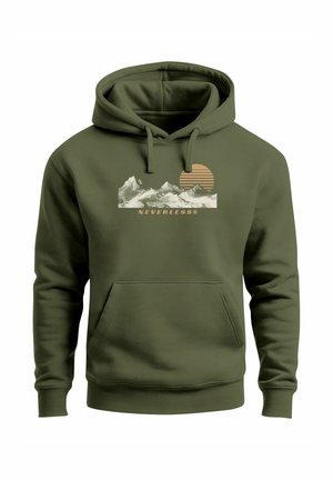 Olivgrüner Kapuzenpullover mit einer vorderen Tasche, versehen mit einer Berggrafik und einem gestreiften Sonnendesign. Hergestellt aus weichem Stoff mit bequemer Passform.