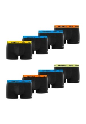 Neuf paires de boxers noirs pour hommes avec des ceintures de couleur jaune, bleu, orange et vert clair, chacune estampillée "umbro".