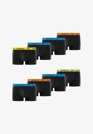 Neuf paires de boxers noirs pour hommes avec des ceintures de couleur jaune, bleu, orange et vert clair, chacune estampillée "umbro".