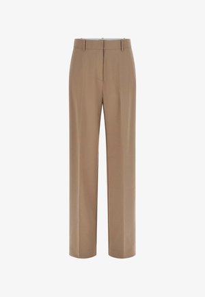 Pantalones de color beige fabricados con una tela suave, con un diseño de pierna recta, bolsillos delanteros y trabillas para cinturón. Minimalistas, sin detalles adicionales.
