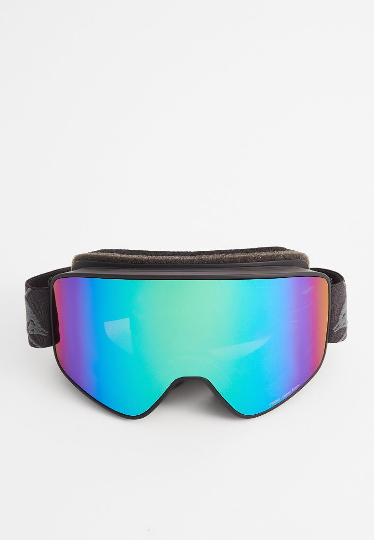 Skibrille mit einer breiten, gebogenen Linse, die einen reflektierenden Farbverlauf in Blau, Grün und Lila aufweist. Schwarzes Band mit strukturierten Akzenten.