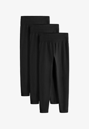 Drei Paar schwarze Leggings mit breiten elastischen Bund, unterschiedlichen Längen, glatter Textur und ohne sichtbare Muster oder Akzente.