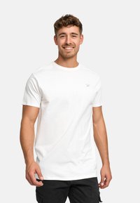 White cotton T-shirt with a round neckline and short sleeves. Features a small gray logo on the left side. Soft, plain texture.