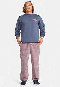 Modrá mikina s okrúhlym výstrihom a červeným grafickým textom, v kombinácii s ľahkými fialovými kordurovými nohavicami a tmavými teniskami.