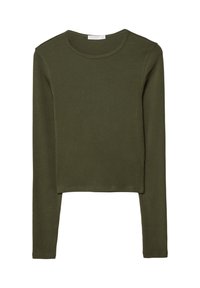 Olivgrünes langärmliges Crop-Top mit runder Ausschnittlinie und weichem Stoffgefühl, minimalen Nähdetails an den Nähten.
