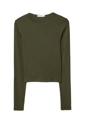 Olive green long-sleeve cropped top, featuring a round neckline and soft fabric texture, minimal stitching details at seams.