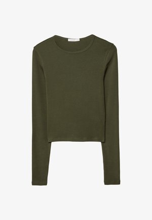 Oliven grøn, langærmet cropped top med rund halsudskæring og blød stofstruktur, minimale syninger ved sømmene.