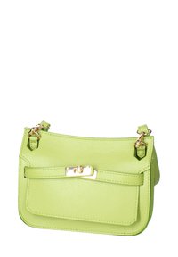 Borsa a tracolla in pelle verde con finitura testurizzata, dotata di una chiusura in oro, tracolle regolabili e una tasca frontale. Design compatto e strutturato.