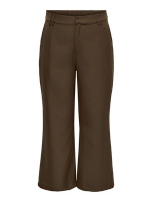 Pantaloni marroni a gamba larga, corti, con vita alta e chiusura frontale con zip.