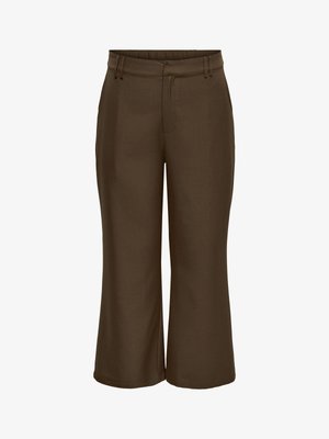 Pantaloni marroni a gamba larga, corti, con vita alta e chiusura frontale con zip.