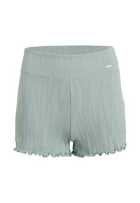Shorts ribbed vert clair avec un design texturé, présentant un ourlet volanté et un petit logo métallique sur la ceinture.