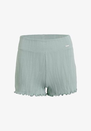 Pantaloni scurți verzi deschis, cu un design texturat, având un tiv fronsat și un mic accent metalic cu logo pe talie.