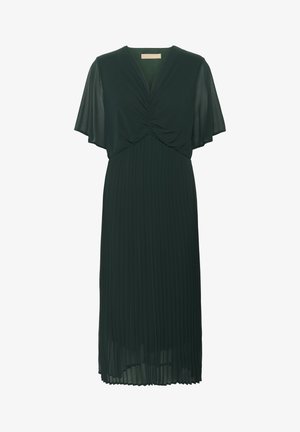 Grünes plissiertes Kleid mit V-Ausschnitt und kurzen Flatterärmeln, das ein gerafftes Oberteil besitzt. Glattes, leichtes Material.