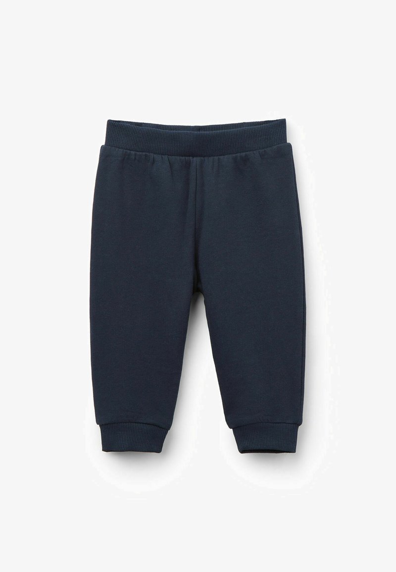 Pantalons de survêtement bleu marine avec une ceinture élastique côtelée et des poignets aux chevilles ; tissu en coton doux avec une texture lisse et un design simple.