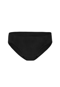 Bas de bikini noir avec une finition lisse et mate. Présente un design taille basse et une taille élastique, offrant un ajustement confortable. Pas de motifs ni d'accents.