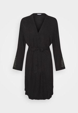 Black robe with three-quarter sleeves, featuring a lace accent at the cuffs and a self-tie belt. Soft fabric with a relaxed fit.
