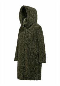Hooded coat in donkergroen, gemaakt van gestructureerde, donzige stof. Heeft een sluiting aan de voorkant, lange mouwen en een relaxte pasvorm.