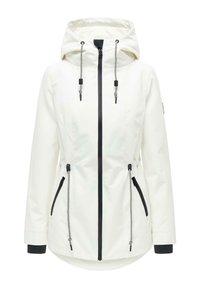 Giacca bianca con cappuccio, cerniera nera, cordini regolabili su cappuccio e vita, maniche lunghe e tasche laterali con cerniera.