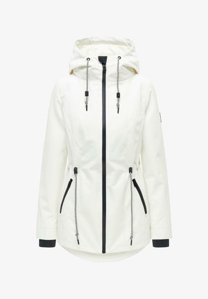 Veste blanche à capuche avec fermeture éclair noire, cordons réglables sur la capuche et la taille, manches longues et poches latérales zippées.