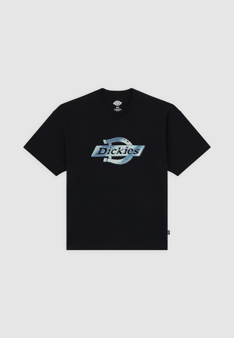 Black cotton t-shirt with short sleeves, featuring a large, metallic blue "Dickies" logo centered on the front.